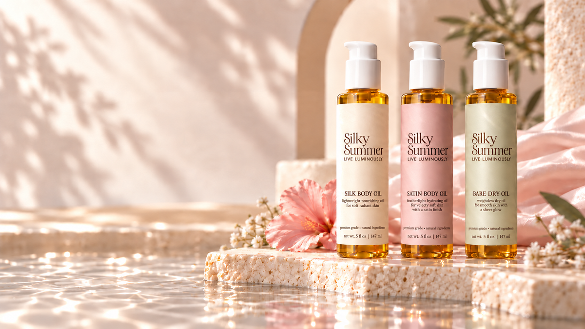 Silky Summer Silk Body Oil resting on cream silk with soft water caustics