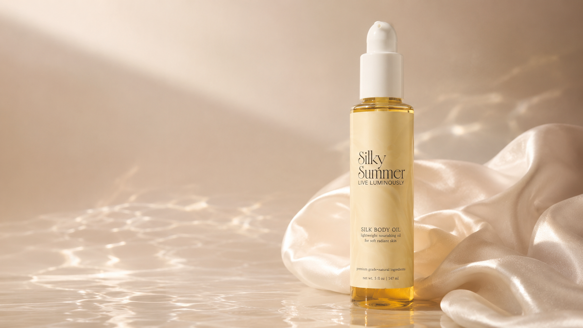 Silky Summer Silk Body Oil resting on cream silk with soft water caustics