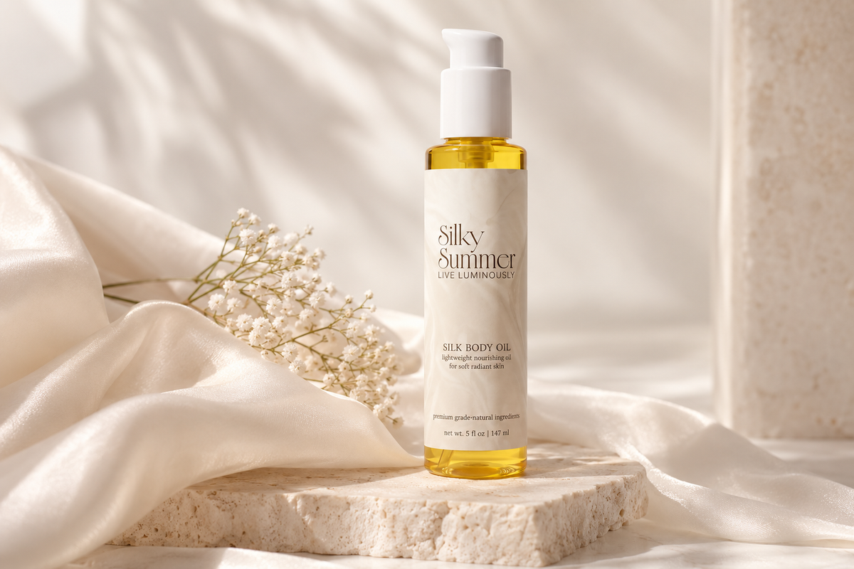 Silk Body Oil on travertine stone with dried florals