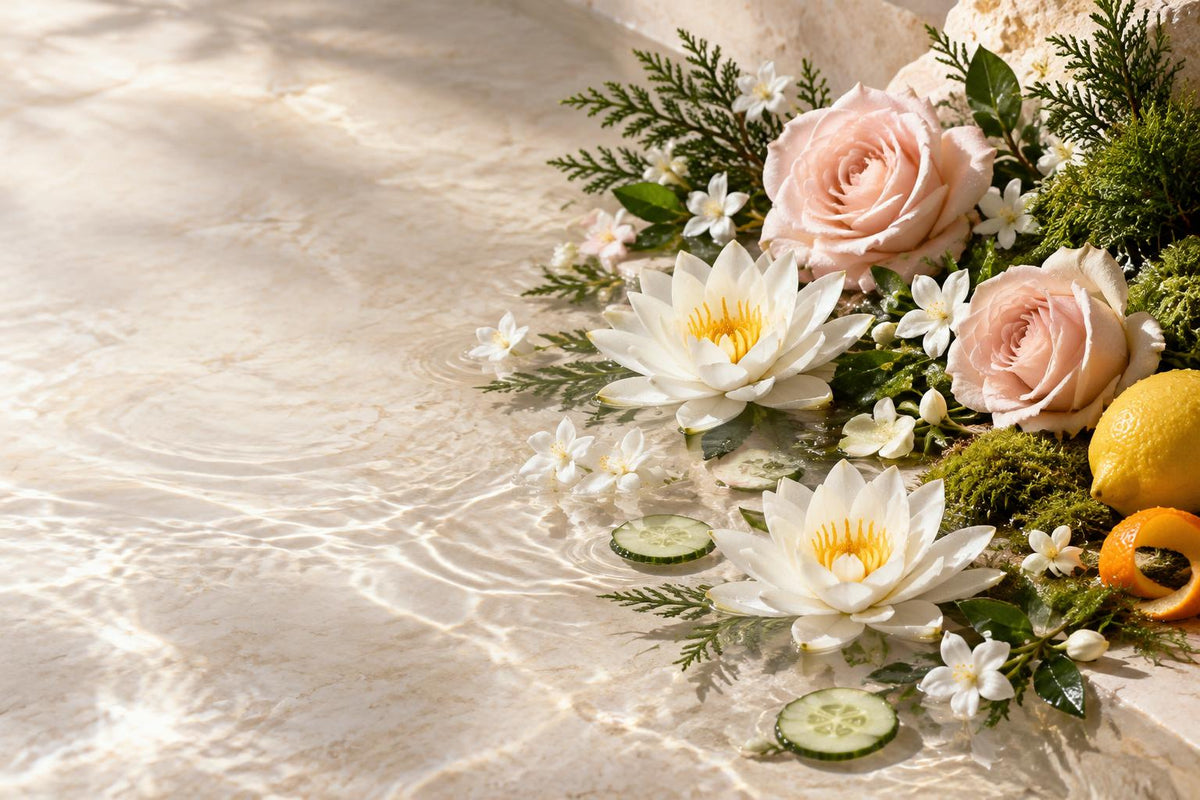 Rose, water lilies, jasmine, cypress and citrus arranged beside sunlit water